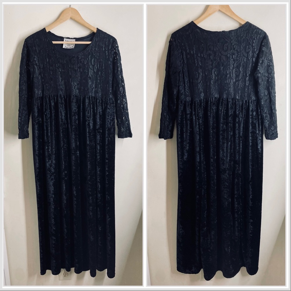 Dressing Clio Vintage Floral Lace & Black Velvet Long Sleeve Maxi Dress size M